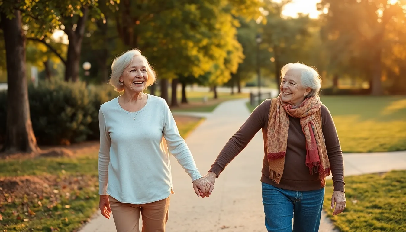 Happy senior couple walking in park